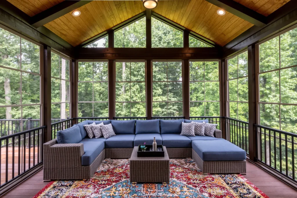 Modern screened-in porch with motorized screens, featuring a wicker sectional with blue cushions, geometric throw pillows, a colorful patterned rug, and views of a wooded backyard—example of a high-end motorized screen porch installation for 2024.
