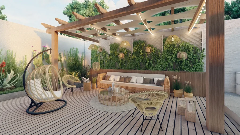 Stylish sunroom-style patio enclosure with a wooden pergola, light-filtering canopy, wicker furniture, string lights, and lush vertical greenery—ideal inspiration for 2024 patio enclosure designs.