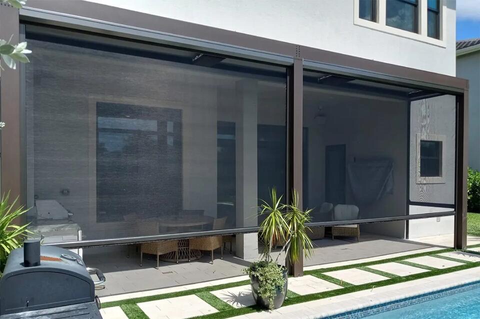 retractable screens for patio with stone pavers